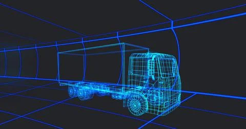 Rotating cyan-blue wireframe box truck showing cab contours, mirrors, wheels  Stock Illustration