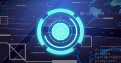 Rotating cyan concentric HUD hovering over dark grid plane, showing code イラスト素材