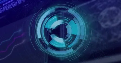 Rotating cyan digital interface glowing over control-panel, with concentric Stock Photos