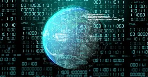 Rotating cyan globe showing outlined continents, mesh nodes and floating binary Stock Illustration
