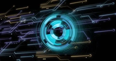 Rotating cyan holographic interface occupying central virtual void, showing neon Stockillustratie
