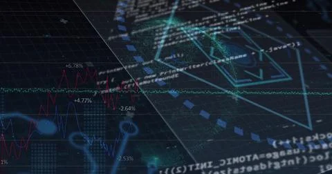 Rotating cyan wireframe 3D shape over data grid, with colorful graphs, code Stockfoto's