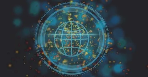 Rotating cyan wireframe globe icon within HUD rings in dark slate UI, with 스톡 일러스트