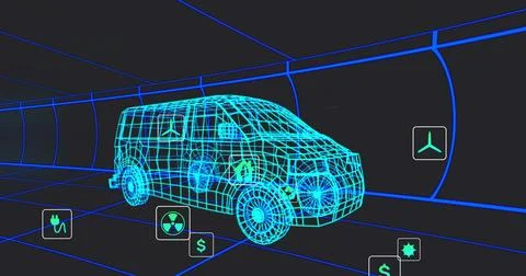 Rotating cyan wireframe van moving through blue grid tunnel, showing floating Stock Illustration