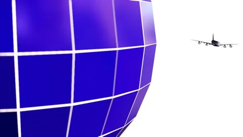 A rotating dark blue sphere with a grid pattern and a commercial airplane Stock Footage 316310004