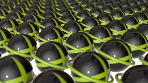 Rotating dark spheres and yellow rings. abstract animation. 3d rendering Stock-Footage 100163422