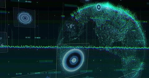 Rotating data-point globe in dashboard, with UI panels, waveform, gridlines, 스톡 일러스트