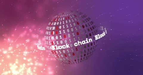 Rotating data sphere with binary digits in digital gradient space, Block chain Stock Illustration