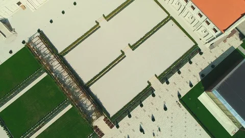 Rotating detailed view of designed teritory with green lawns and beautiful Stock Footage 118015707
