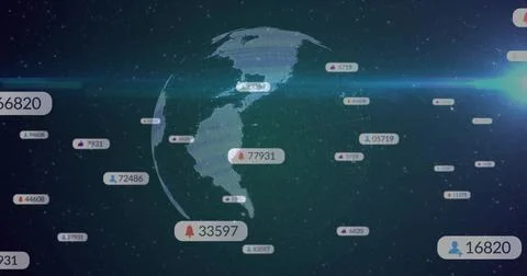 Rotating digital 3D Earth globe hovering in dark data space, with floating 스톡 일러스트
