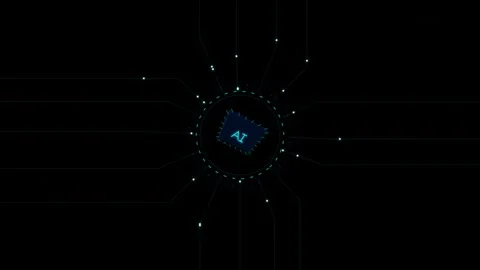 Rotating Digital CPU Microchip and Cyan Circuit Board Network Stock Footage 343803598