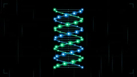Rotating digital dna helix model glowing blue and green particles abstract .. Stock Footage 346880602