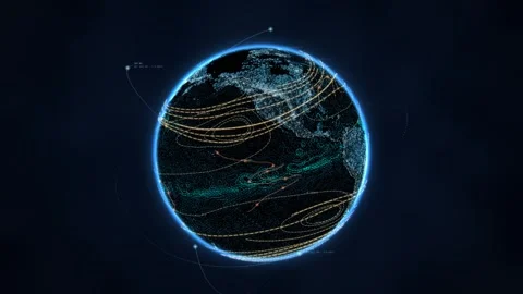 Rotating digital Earth globe with glowing ocean and air current visualization Stock Footage 342804768
