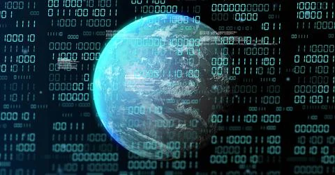 Rotating digital Earth globe hovering in dark void, streaming binary digits and Stock Illustration