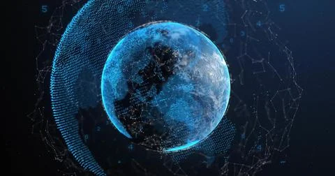 Rotating digital Earth globe pulsing with network nodes in virtual 3D data Foto stock