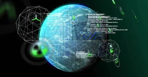 Rotating digital Earth globe in virtual data visualization environment, with Illustrazione stock