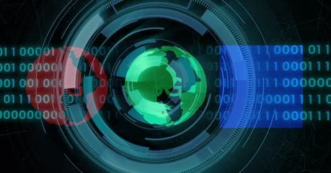 Rotating digital globe with binary code and data processing image 스톡 일러스트