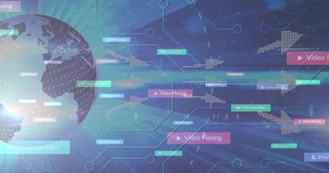 Rotating digital globe connecting to maps in cyberspace, with network lines, UI 스톡 사진