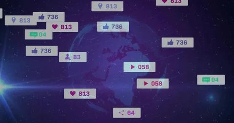Rotating digital globe in cosmic star field, with floating social media metric Stock Illustration