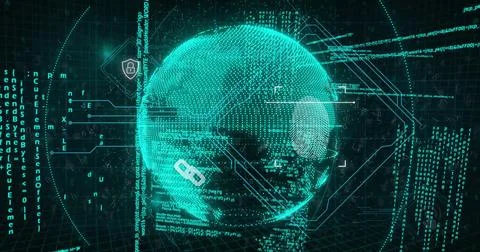Rotating digital globe in cyberspace interface, showing fingerprint padlock 写真素材
