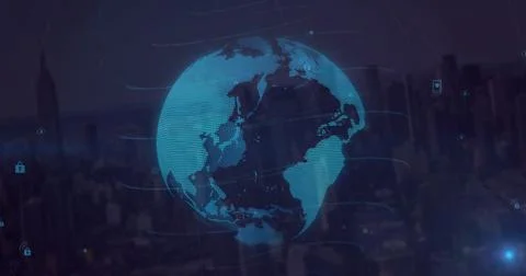 Rotating digital globe with data icons image over cityscape background 스톡 사진