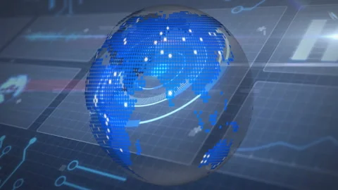 Rotating digital globe with data processing animation over grid background Stock Footage 303422469