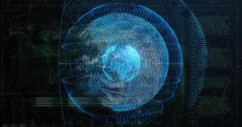 Rotating digital globe displaying concentric data rings in analytics dashboard, Stock Illustration