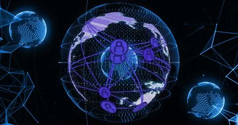 Rotating digital globe forming network links in cyberspace, with user icons and Stock Photos