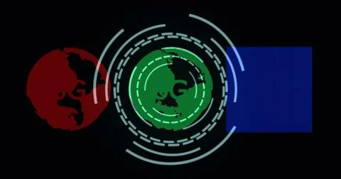 Rotating digital globe image with red, green, and blue elements on black Illustrazione stock