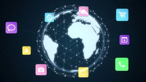 Rotating digital globe with network connections and application icons.  Stock Footage 347605642