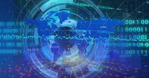 Rotating digital globe projecting data overlays in holographic UI, with scanning Stock Photos