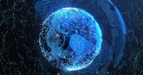 Rotating digital globe pulsing with node mesh and data streams in virtual Stock Photos