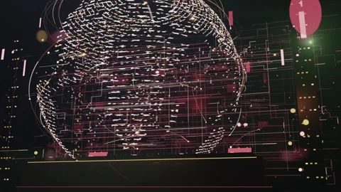 Rotating digital globe shifting nodes along latitudes on playback start at HUD, Stock-Footage 337141156