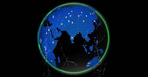 Rotating digital globe showing blue dot continents with white markers and green Stock Illustration