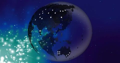 Rotating digital globe showing pixel continents against deep starfield, with Foto stock