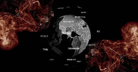 Rotating digital globe showing white borders, floating timestamps and amber Stock Illustration
