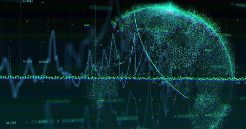 Rotating digital globe visualizing data on dashboard, with charts, graphs and 写真素材