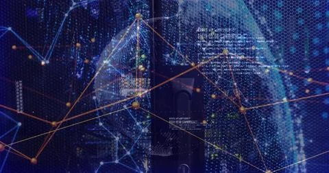 Rotating digital globe visualizing data over glowing network nodes in data Stock Photos