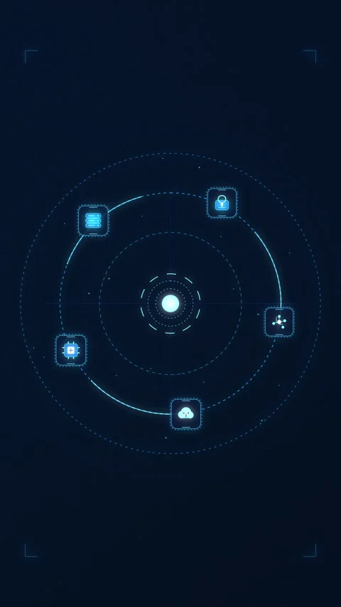 Rotating digital hud interface showing network data connection nodes Stock Footage 348344084