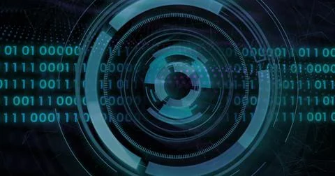 Rotating digital interface with binary code, futuristic technology image Illustrazione stock