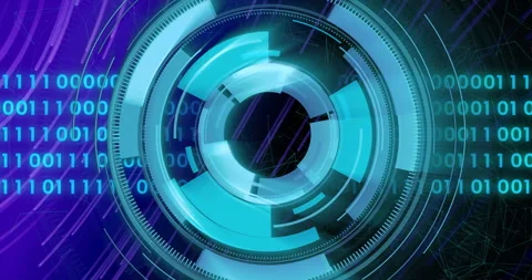 Rotating digital interface with binary coding and geometric shapes, futuristic Stock Footage 306509683