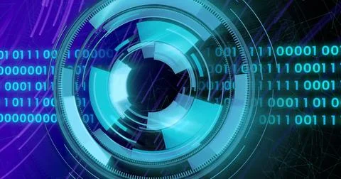 Rotating digital interface with binary coding and geometric shapes, futuristic Illustrazione stock