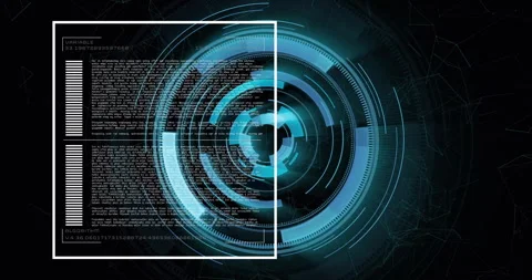 Rotating digital interface with coding and data processing animation over dark Stock Footage 306199689