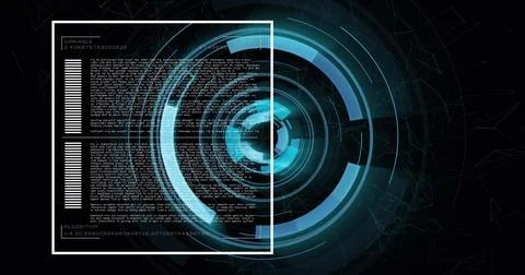 Rotating digital interface with coding and data processing image over dark 스톡 일러스트