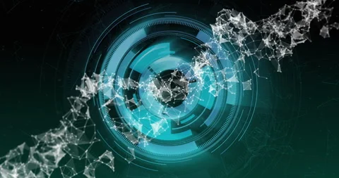 Rotating digital interface with interconnected nodes and geometric shapes, Stock Footage 306721802