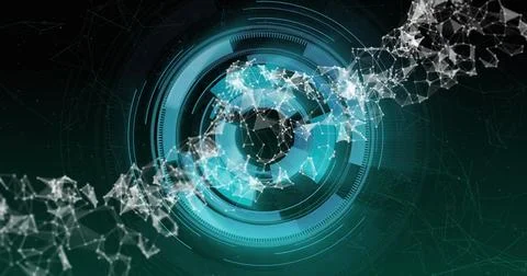 Rotating digital interface with interconnected nodes and geometric shapes, .. Stock Photos