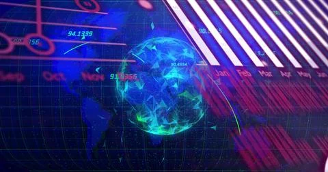 Rotating digital low-poly globe glowing within virtual HUD, showing bar chart, Stock Illustration