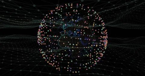 Rotating digital network globe glowing against dark void, with colorful nodes Illustrazione stock