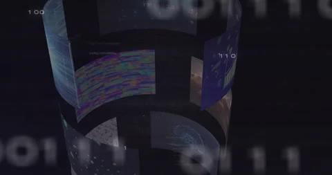 Rotating digital screens displaying data and graphics with binary code animation Stock Footage 303616043
