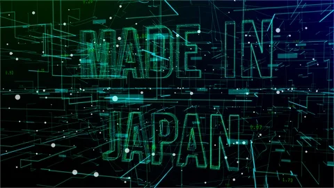 Rotating digital space with 'Made in Japan' text Stock Footage 106772757